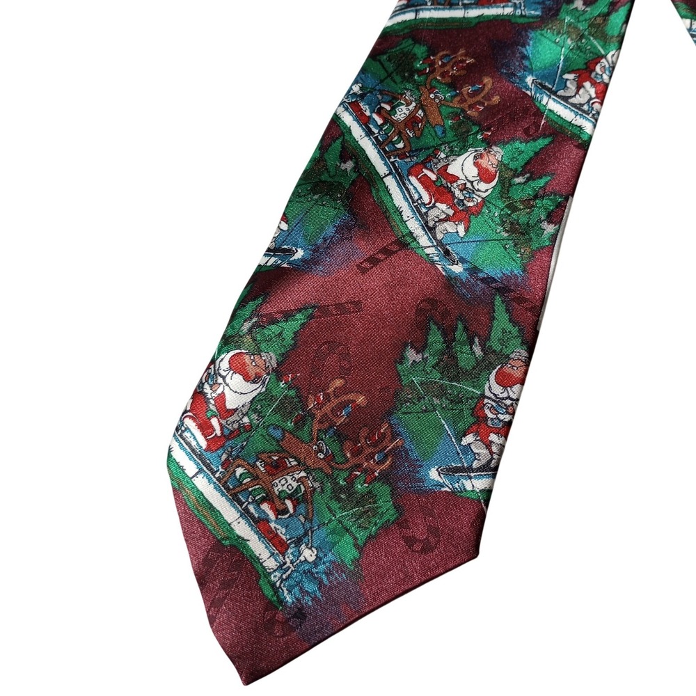 Sabatini Hallmark Mens Christmas Tie Santa Reindeer Fishing Burgundy Polyester